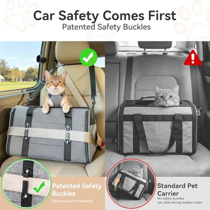 PETSFIT Soft-Sided Cat Carrier with Patented Safety Buckles, Lockable Zippers & Safety Tether,Escape-Resistant Travel Pet Carrier for Car Rides & Vet Visits, Airline Approved Under-Seat, Up to 12 lbs - color: Gray, size: Medium