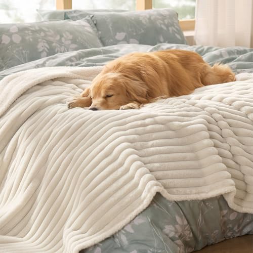 Bedsure ComfyFleece™ Waterproof Dog Blankets for Large Dogs - Soft Pet Cat Blanket Corduroy Fleece for Bed Protector Washable, Cozy Calming Reversible Furniture Protection,60"x80", Cream - color: Cream, size: Twin(60x80")-1pc