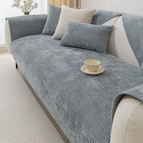 vctops Farmhouse Plaid Chenille Couch Sofa Cover Super Soft Plush Sectional Couch Covers Anti-Slip Solid Sofa Slipcover for Dogs, Children, Pets Furniture Protector (Light Grey,28"x70") - color: Light Grey, size: 1pc/28"x70"/Rectangular