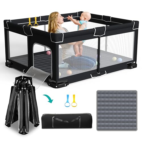 ICAREWAY Foldable Playpen for Babies and Toddlers, 71x59 Inches Portable Playpen, Kids Collapsible Play Pen with 2 Handlers, Indoor & Outdoor Baby Play Area with Visible Mesh (Black) - color: Black, size: 71"x59"