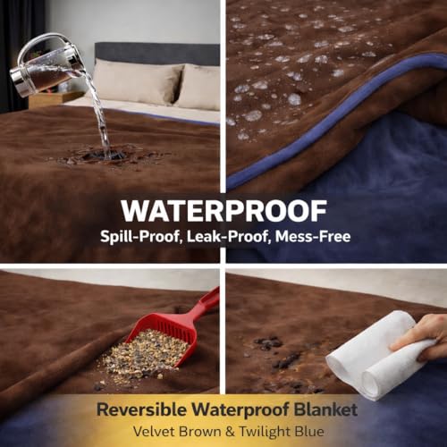 Waterproof Blanket for Bed, Couch, Kids & Pets Protection – Splash-Proof, Spill-Proof, Leakproof Flannel Blanket Reversible Design (Velvet Brown & Twilight Blue, 60x80) - color: Velvet Brown & Twilight Blue, size: Full