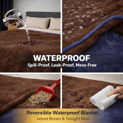Waterproof Throw Blanket – Leakproof, Spill-Proof Flannel Blanket for Bed, Couch, Kids & Pets Protection, Reversible Water-Proof Design (Velvet Brown & Twilight Blue, 40x60) - color: Velvet Brown & Twilight Blue, size: Throw