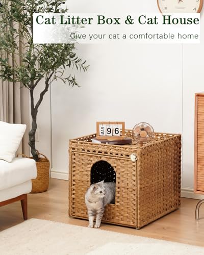SETVSON Cat Litter Box Enclosure Furniture, Large Hidden Litter Box Furniture, Handwoven Rattan Cat House Cabinet, One Mat, Two S-Shaped Hooks, Living Room, Apartment 21.6 X 26 X 21.6 Inches, Natural - color: Natural, size: XL