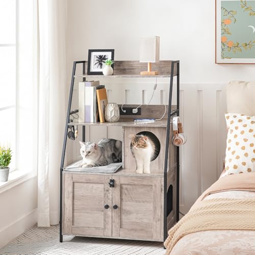HOOBRO Litter Box Enclosure with 2 Storage Shelves, Tall Litter Box Furniture Hidden with Charging Station, Indoor Hidden Litter Box Furniture with Plush Mat, Greige BG70UMW01 - color: Greige