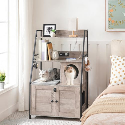 HOOBRO Litter Box Enclosure with 2 Storage Shelves, Tall Litter Box Furniture Hidden with Charging Station, Indoor Hidden Litter Box Furniture with Plush Mat, Greige BG70UMW01 - color: Greige