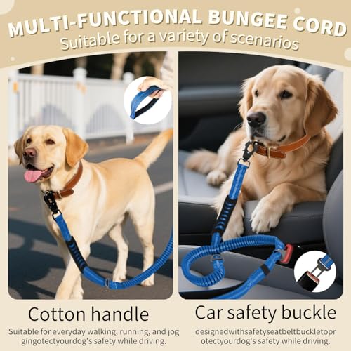 Heavy Duty Tactical Dog Leash, 4-6FT Shock Absorbing Bungee Lead with 2 Padded Handles, Metal Carabiner & Seatbelt Clip, Reflective No-Pull Leash for Medium/Large Dogs (Blue) - color: Blue