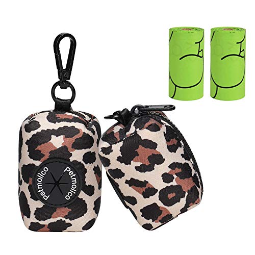 Dog Poop Bag Holder Leash Attachment, Waste Bag Dispenser Zippered Pouch, Fits Any Leash, Includes Free Roll of Bags, 2 Pack - Leopard - color: Leopard