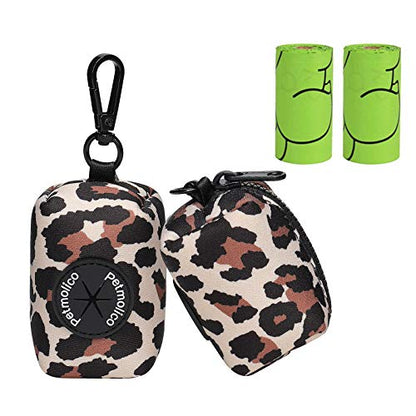 Dog Poop Bag Holder Leash Attachment, Waste Bag Dispenser Zippered Pouch, Fits Any Leash, Includes Free Roll of Bags, 2 Pack - Leopard - color: Leopard