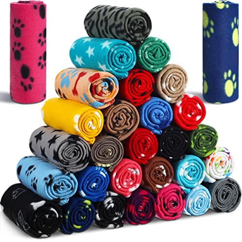 Chumia 28 Pieces Puppy Blanket Bulk Small Fleece Pet Blanket for Puppy Dogs Kitten Cats Pets Soft Warm Paw Print Sleep Mat Bed Covers, 28 Styles(27.5 x 39.3 Inch) - size: 27.5 x 39.3 Inch