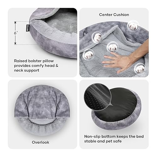 Cozy Soft Dog Bed with Hooded Blanket Warm Calming Cat Cave for Small Medium Dogs and Cats, Non-Slip Bottom & Machine Washable Pet Beds, Grey 23x23x6″ - color: Grey, size: Small(23"x23"x6")