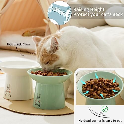 6.5 Inch Extra Wide Raised Cat Bowls, Ceramic Elevated Cat Bowl for Food and Water, Wide Shallow Cat Food Dish, Whisker Fatigue, Protect Spine, Lead & Cadmium Free, White & Green - color: White & Green