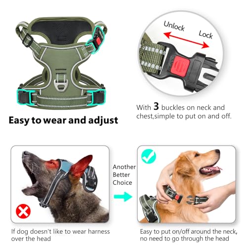 Dog Harness Medium Sized, No Pull Pet Harness with Neck Lockable Snap,No Choke Front Clip Dog Reflective Vest,Adjustable Metal Rings 3 Buckles,Easy Control Handle for Medium Dogs Green M - color: Lock Green, size: Medium (Pack of 1)
