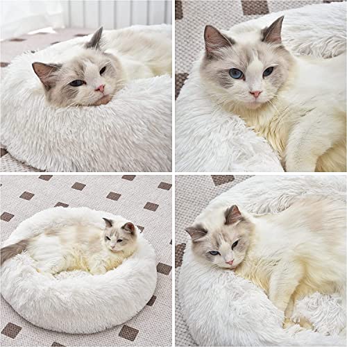 White Faux Fur Cat & Dog Beds 20 inches - Washable Dog Beds for Small Medium Dogs, Anti-Anxiety, Round Plush, Fluffy Thick Bottom - color: Cream, size: Medium