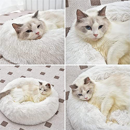 White Faux Fur Cat & Dog Beds 20 inches - Washable Dog Beds for Small Medium Dogs, Anti-Anxiety, Round Plush, Fluffy Thick Bottom - color: Cream, size: Medium
