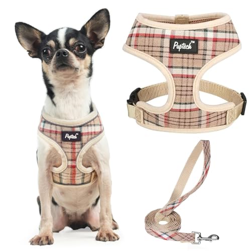 PUPTECK Soft Mesh Dog Harness and Leash Set Pet Puppy Cat Comfort Padded Vest No Pull Harnesses, Khaki, XS - color: Khaki, size: XS (NECK: 10", CHEST: 10"-14")