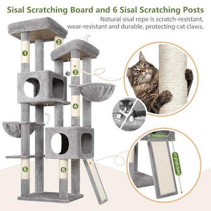 Globlazer 72in Heavy Duty Cat Tree Tower for Large Adult Cats, Multi-Level Cat Condo Stand with 2 Cozy Baskets & 6 Sisal Scratching Posts, S72E, Light Grey - color: Light Grey