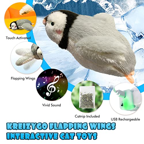 Cat Toys, Flapping Wings Penguin, No Flying, Chirping Bird Interactive Catnip Toy for Kitten or Small Dogs, Touch Activated, Rechargeable - color: Penguin