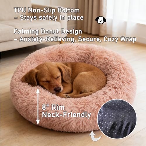 Calming Donut Dog Beds for Small Dogs Kitten - Washable Removable Cover Non-Slip Bottom, Round Pet Bed Puppy Bed Warming Fluffy Faux Fur Anti-Anxiety, Fits up to 15 lbs (Blush, 20") - color: Blush, size: 20"L x 20"W x 8"Th