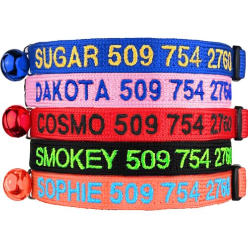 GoTags Personalized Cat Collar with Embroidered Name and Number, Safety Breakaway Buckle Snag-Proof Design, Adjustable Customized Nylon ID Collar with Bell for Cat or Kitten, 5 Color Options