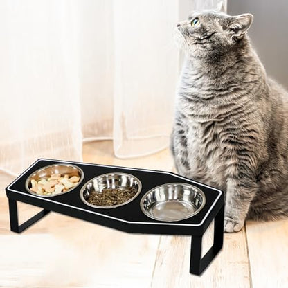 Gothic Cat Food Bowls Elevated, Raised Cat Bowls for Indoor, Non-Slip Stand & Wood Board, Stainless Steel and Whisker Friendly Food Bowls (Cat Bowl*3) - size: Cat Bowls x3