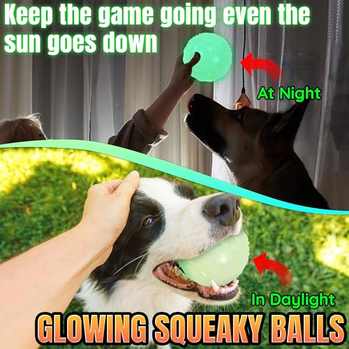 LECHONG 4-Pack 3.5” Glow Squeaky Dog Balls,Bouncy Glow in The Dark Dog Ball with Squeaker, Durable Dog Rubber Ball Toys Glowing Fetch Balls for Medium Large Dogs Nighttime Playing Indoors & Outdoors - size: 3.5in Large