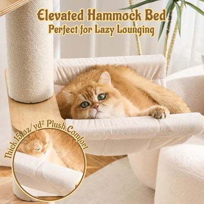 64.2" Modern Cat Tree for Indoor Cats, Solid Wood Cat Tower with Chunky Scratching Posts, 20" Roomy Condo, Cat Bed, Hammock, Capsule Nest, Interactive Squeaky Toy, Multi-Level Cat Furniture - color: 64.2"Natural