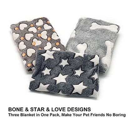 1 Pack 3 Puppy Blankets Super Soft Warm Sleep Mat Grey Cute Print Fluffy Fleece Pet Flannel Throw Dog Blankets for Small Dogs Cats,Star&Bone&Love- Small (23"x15") - color: Bone/Love/Star, size: Small(23"x15")