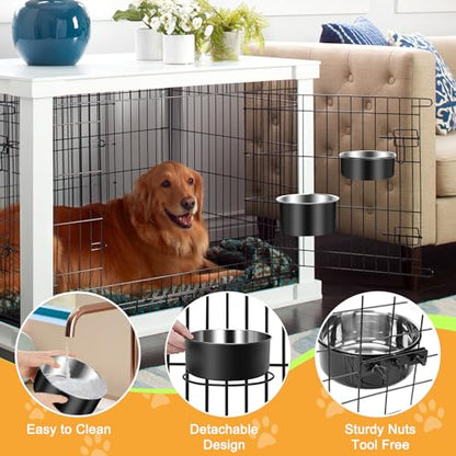 Dog Crate Bowls Hanging No Spill, ShineMe 60oz & 40oz Stainless Steel Dog Kennel Food and Water Bowls Mountable for Large and Medium Pets (7.0 x 3.7” & 6.2 x 2.5”) - color: Black, size: L (7.0x3.7'' & 6.2x2.5'')