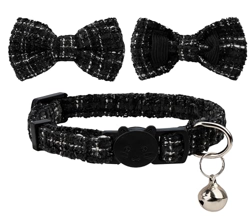 Cat Collar with Bow Tie 2pcs Set Bell Boy Girl Kitten Safety Plaid Grid Checkered Solid Color Suede Velvet Cute Soft Fluffy Gift B-[2pcs] Black - color: Style B-[2pcs] Black