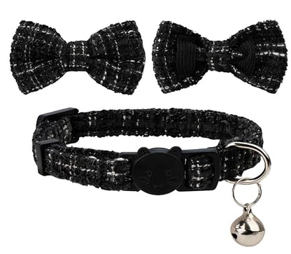 Cat Collar with Bow Tie 2pcs Set Bell Boy Girl Kitten Safety Plaid Grid Checkered Solid Color Suede Velvet Cute Soft Fluffy Gift B-[2pcs] Black - color: Style B-[2pcs] Black
