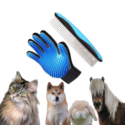 Deshedding Glove & Detangling Comb Set for Dogs Cats - Grooming Brush for Shedding, Bathing, Bonding, Small Animals & Horses - Right Hand Use (Blue)