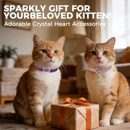 BINGPET 2 Pack Diamond Cat Collar with Bells and Safety Belt, Adjustable Soft Velvet Kitten Collar with Bling Heart Jewelry, Cute Purple & Pink Cat Collars for Girls & Boys(Neck Girth 8"-10") - color: Pink & Purple(Heart), size: Neck Girth 8"-10"