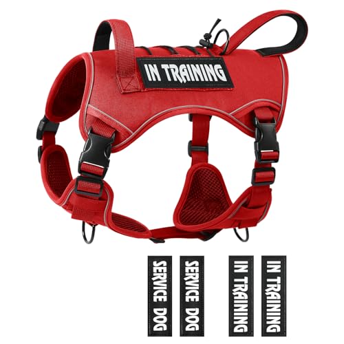 Tactical Dog Harness for Medium Large Size, No Pull Service Dog Vest with Molle System and Control Handle Heavy Duty Pet Vest with 4 Patches, Reflective Adjustable Harness for Walking Training - color: Red, size: L