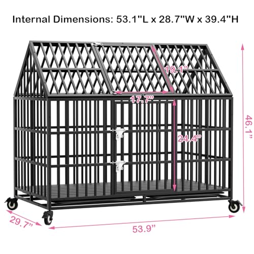 54" Indestructible Heavy Duty Dog Crate, Large Strong Steel Escape Proof Cage Dog Kennel for Large Giant Dogs with 4 Wheels, 2 Trays, 2 Doors, XXL