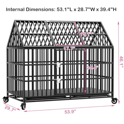 54" Indestructible Heavy Duty Dog Crate, Large Strong Steel Escape Proof Cage Dog Kennel for Large Giant Dogs with 4 Wheels, 2 Trays, 2 Doors, XXL