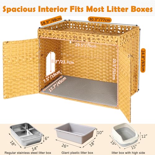 SZEE Cat Litter Box Enclosure Furniture, Hidden Litter Box with Mat, Handwoven Rattan Cat Houses for Indoor/Outdoor Cats, Large Litter Box Enclosure with 12” Edge for Living Room/Bedroom/Washroom