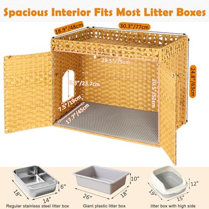 SZEE Cat Litter Box Enclosure Furniture, Hidden Litter Box with Mat, Handwoven Rattan Cat Houses for Indoor/Outdoor Cats, Large Litter Box Enclosure with 12” Edge for Living Room/Bedroom/Washroom