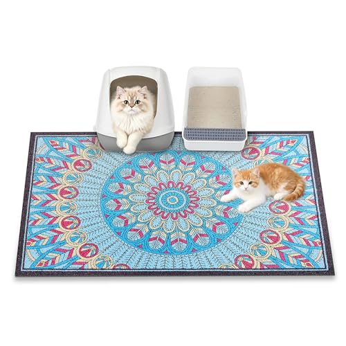 Cat Litter Mat, 35" x 23" Litter Box mat, Traps 100% Litter, Non-Slip Kitty Litter Trapping mats, Large Cute Litter mat, Easy Clean for Scatter Control, Bohe cat Food mat, Urine Waterproof - color: Blue Medallion, size: Large（35"x23"）