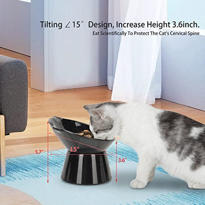 Detachable Elevated Cat Bowls, 15° Tilted Raised Cat Food Bowl Anti-Vomiting,Whisker Friendly, Adjustable Cat Dishes for Protecting Spine,Adult Kitten - color: Black