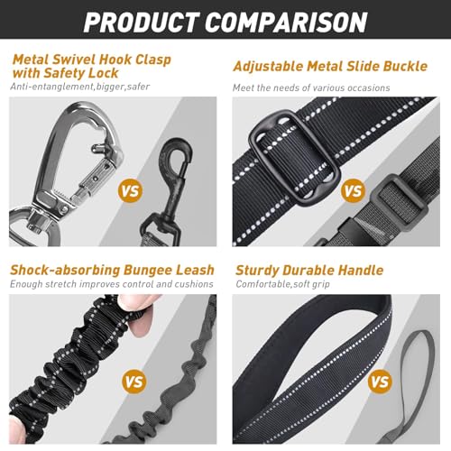 AUBELL Tactical Dog Leash Heavy Duty,4-6ft Reflective Strong No Pull Bungee Leash for Medium Large Dogs with Comfortable Padded Double Handle,Car Seat Belt,360 Degree Rotating Carabiner,Black - color: M/L-Black(4-6FT)