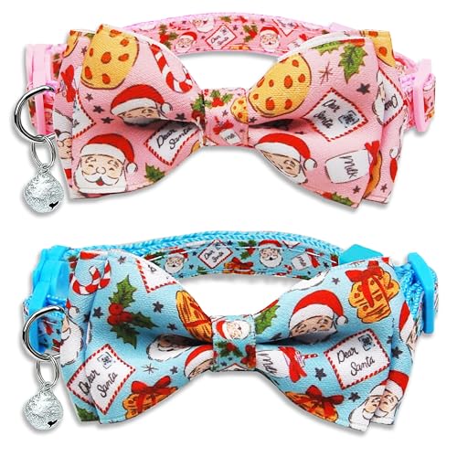 Christmas Cat Collar 2-Pack - Cute Santa & Cookies Holiday Collars with Removable Bow Tie & Bell, Adjustable Breakaway Safety Buckle for Kitties Kittens (Pink & Blue) - color: Cookies for Santa