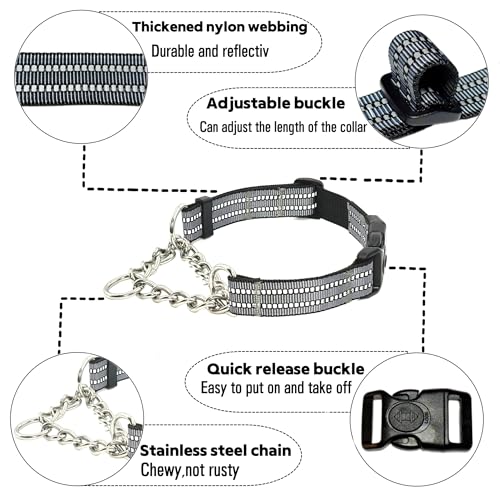 Martingale Dog Collars, Reflective Nylon Collar with Stainless Steel Chain, Adjustable Walking Training Dog Collars with Quick Release Buckle, Suitable for Small Medium Large Dogs(Gray,XL) - color: Gray, size: Extra Large-(dog's neck 20~25.5inches)