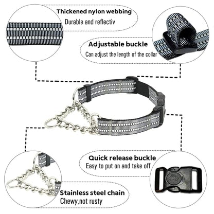 Martingale Dog Collars, Reflective Nylon Collar with Stainless Steel Chain, Adjustable Walking Training Dog Collars with Quick Release Buckle, Suitable for Small Medium Large Dogs(Gray,M) - color: Gray, size: Medium-(dog's neck 13~16.5inches)