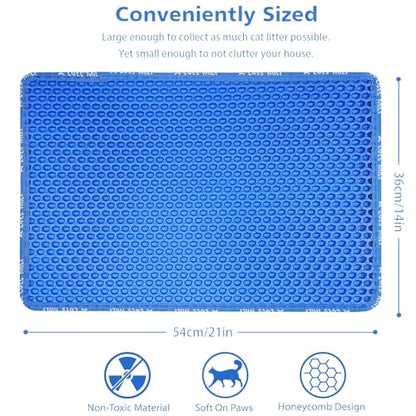 Cat Litter Mat for Pet Kitty Litter Box, Honeycomb Double Layer Cat Litter Box Mat, No Slip Cat Litter Trapping Mat, Urine and Water Resistant, Scatter Control, Washable Easy Clean, Blue - color: Blue