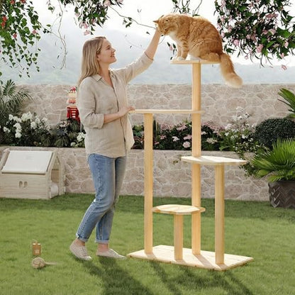 Outdoor Cat Tree, 60" Tall Cat Tower Weatherproof for Patio,Balcony,Garden, Durable 4-Tier Natural Wood w/Scratching Posts for Multiple Cats,Outside&Indoor Adult Cats and Kittens Play, Climbing