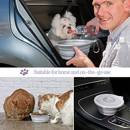 Collapsible Dog Bowls - Portable Travel Dog Bowls with Lids & Carabiners, 2 Pack Silicone Feeding Watering Pet Bowls for Dogs Cats, 450ml/15oz Collapsable Doggy Bowl for Walking Hiking (Grey+Black)