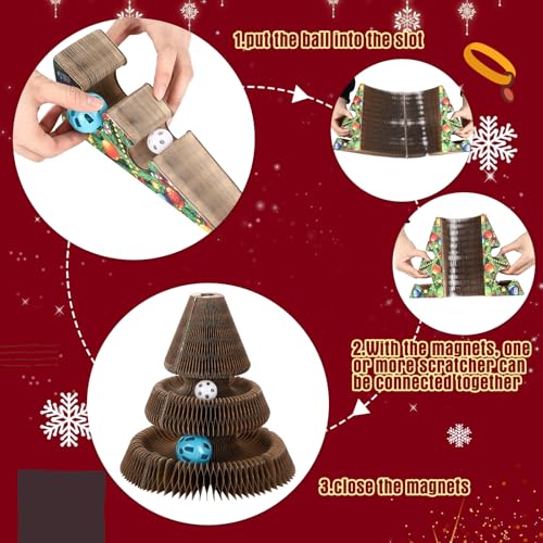 Soulchen Christmas Tree Magic Organ Cat Scratching Board, Combinable Cat Toy, Interactive Cardboard Kitty Scratcher with Bell Ball, Durable Foldable Accordion Scratch Pad, Exercise for Indoor