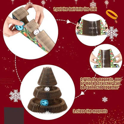 Soulchen Christmas Tree Magic Organ Cat Scratching Board, Combinable Cat Toy, Interactive Cardboard Kitty Scratcher with Bell Ball, Durable Foldable Accordion Scratch Pad, Exercise for Indoor