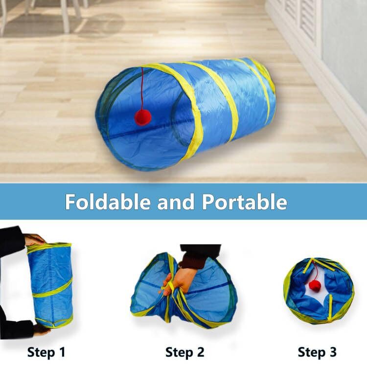 Cat Tunnel Tube Toys，Tunnels for Indoor Cats, 2 Way Collapsible Interactive Toy with Balls for Rabbits, Kittens, Ferrets, Puppy - color: 2 Way Blue Yellow