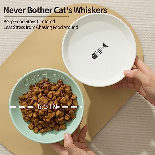 6.5 Inch Extra Wide Raised Cat Bowls, Ceramic Elevated Cat Bowl for Food and Water, Wide Shallow Cat Food Dish, Whisker Fatigue, Protect Spine, Lead & Cadmium Free, White & Green - color: White & Green